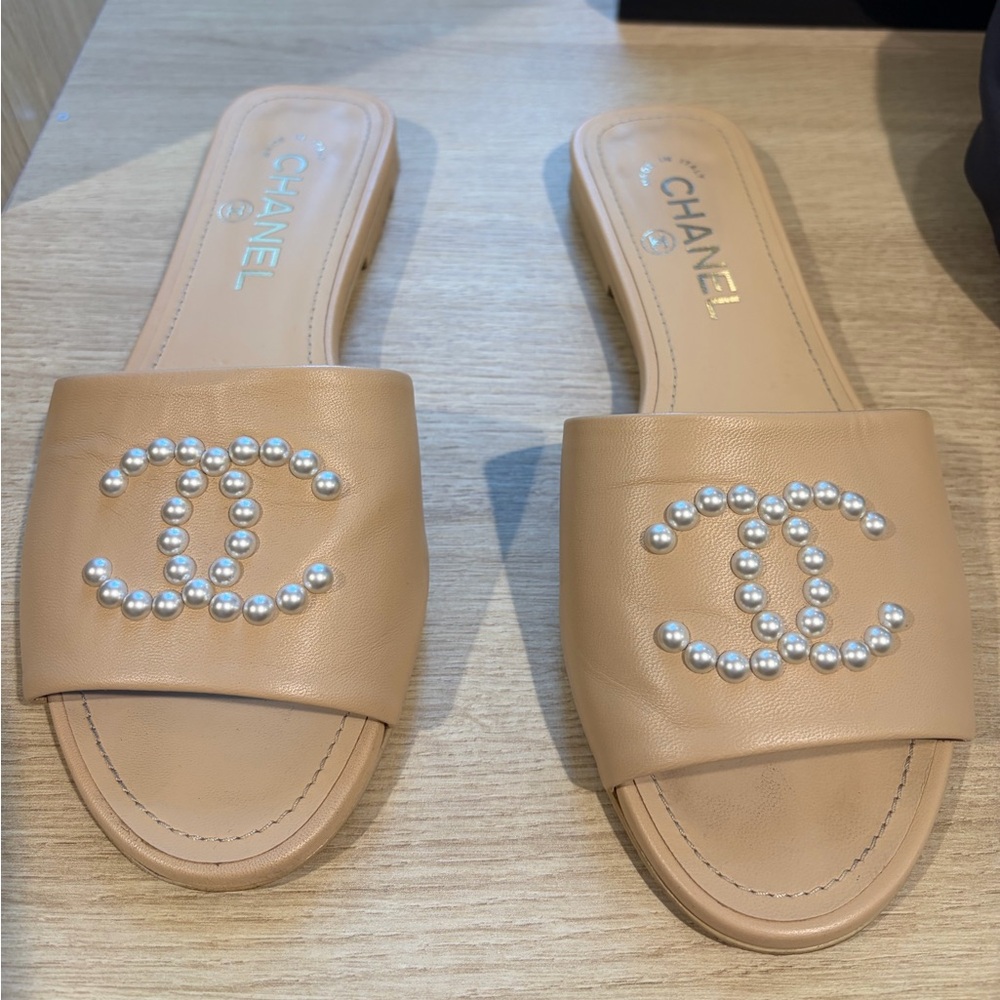 CHANEL Beige Pearl Embellished Sandals